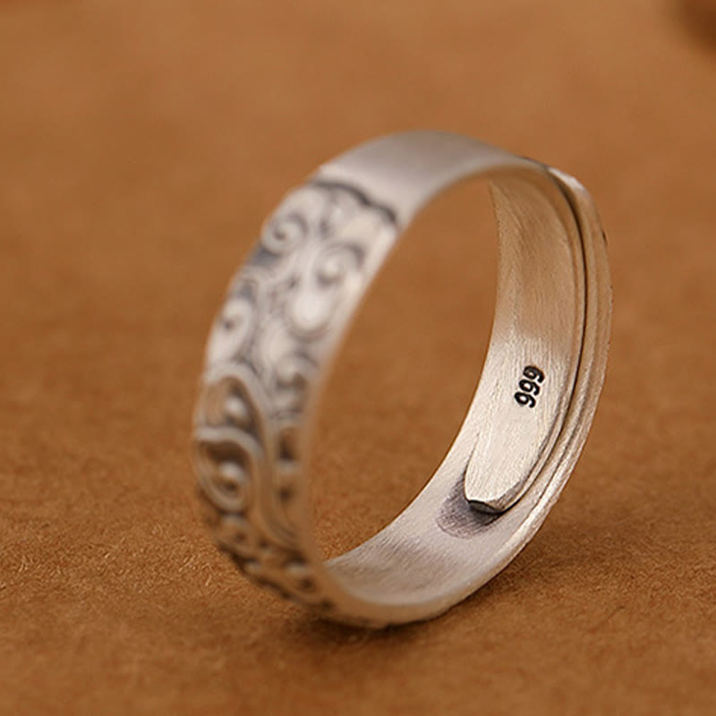 Stone of buddha 999 Sterling Silver Lotus Flower Plum Blossom Auspicious Clouds Engraved Enlightenment Ring