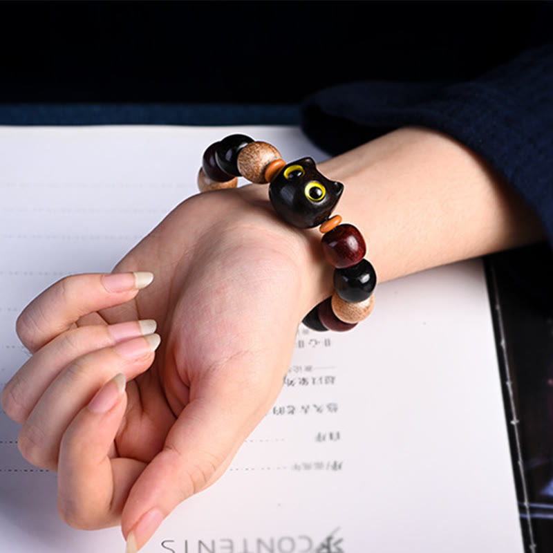 Stone of buddha Small Leaf Red Sandalwood Ebony Wood Cute Cat Engraved Protection Bracelet