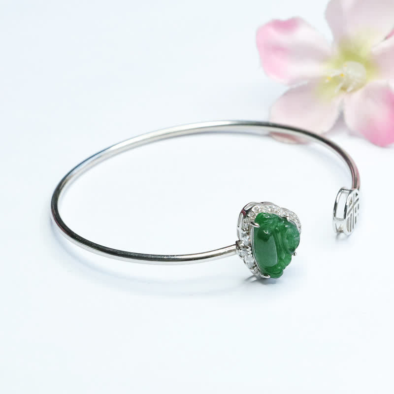 Stone of buddha 925 Sterling Silver Laughing Buddha Jade Luck Bracelet Bangle