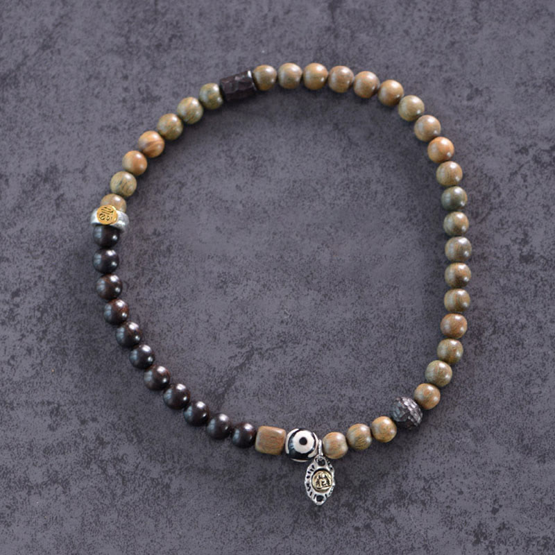 Stone of buddha Tibetan Green Sandalwood Ebony Wood Three-eyed Dzi Bead Fu Character Balance Peace Double Wrap Bracelet