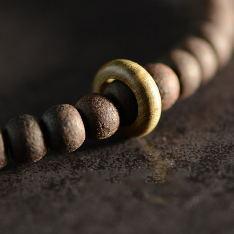 Stone of buddha Tibetan Nine-Eye Dzi Bead Green Sandalwood Ebony Wood Peace Double Wrap Bracelet