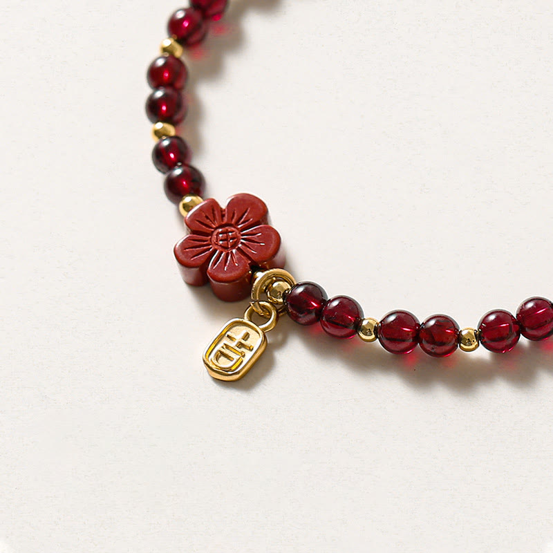 Stone of buddha 14K Gold Natural Garnet Cinnabar Flower Calm Bracelet
