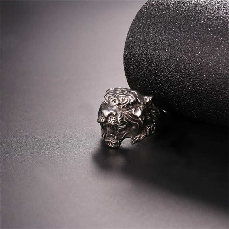 Stone of buddha Men's Animal Tiger Head Titanium Steel Balance Calm Punk Rock Biker Ring