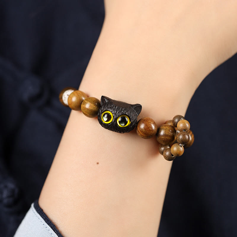 Stone of buddha Green Sandalwood Ebony Wood Cat Peace Soothing Bracelet