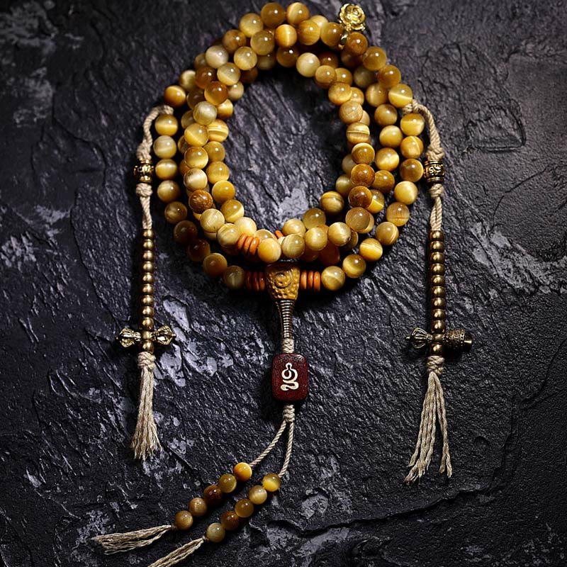 Stone of buddha 108 Mala Beads Natural Tiger Eye Copper Dorje Protection Tassel Bracelet