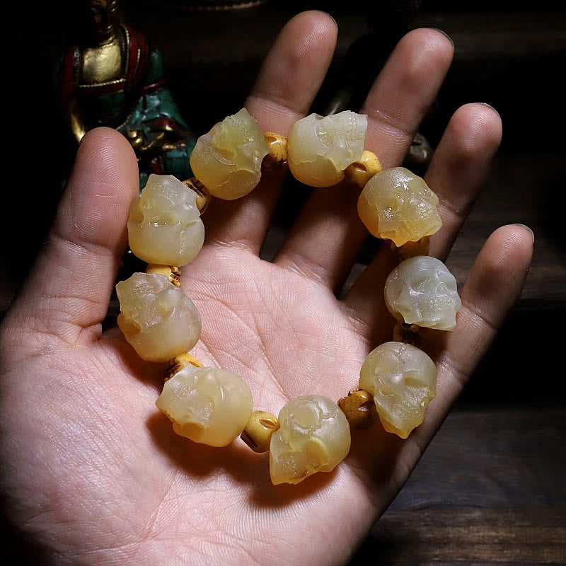 Stone of buddha Handmade Tibetan Sheep Horn Skull The Lord of the Corpse Forest Yak Bone Engraved Luck Bracelet