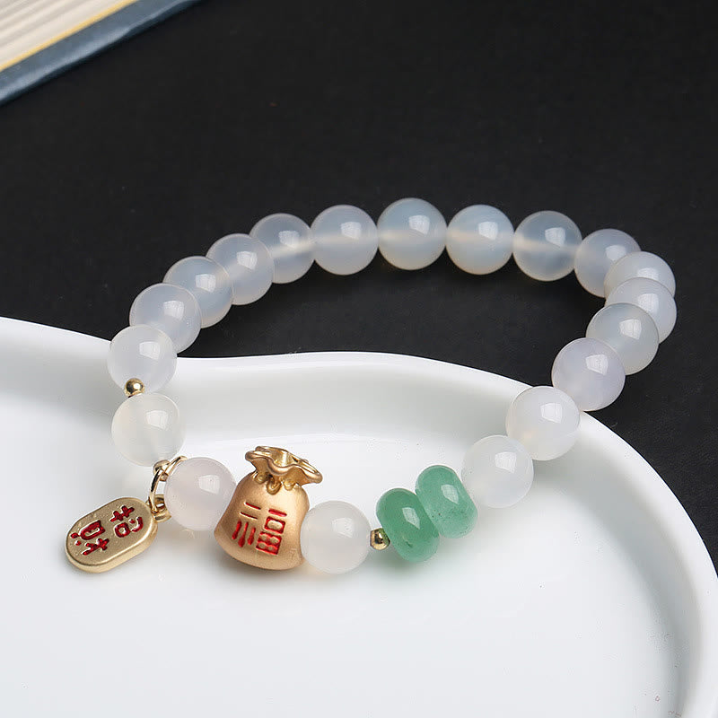Stone of buddha Natural White Agate Red Agate Money Bag Fu Character Four Leaf Clover Protection Bracelet