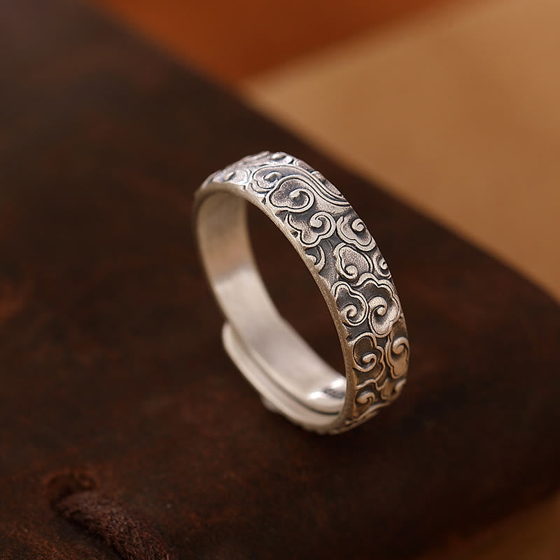 Stone of buddha 999 Sterling Silver Lotus Flower Plum Blossom Auspicious Clouds Engraved Enlightenment Ring