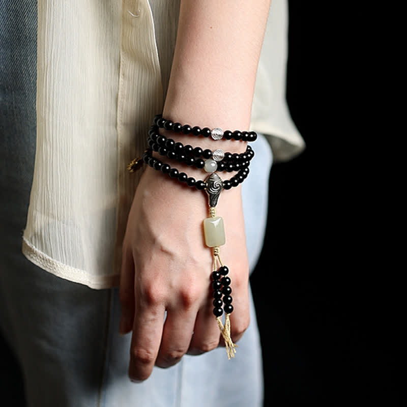Stone of buddha Tibetan Black Onyx Hetian Jade 108 Mala Beads Fortune Bracelet