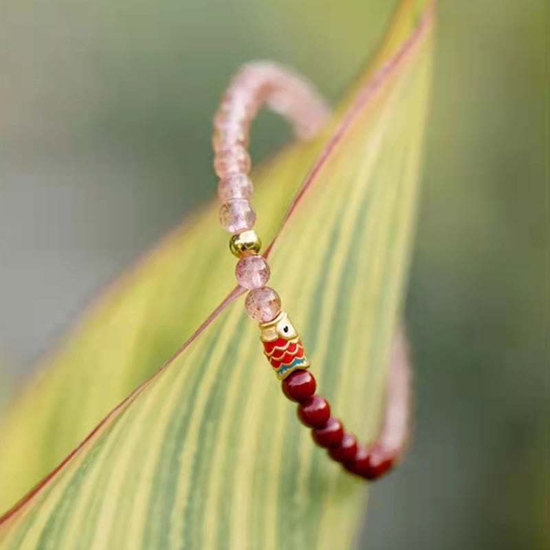 Stone of buddha Natural Strawberry Quartz Cinnabar Lucky Koi Fish Healing Bracelet