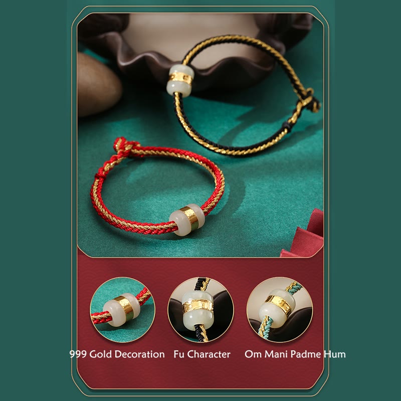 Stone of buddha 999 Gold Hetian White Jade Om Mani Padme Hum Fu Character Luck Braided Bracelet