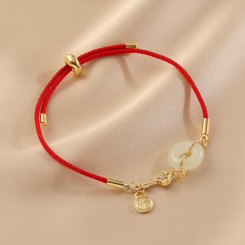 Stone of buddha 18K Gold Plated Hetian Jade Peace Buckle Fu Character Luck Red Rope Bracelet