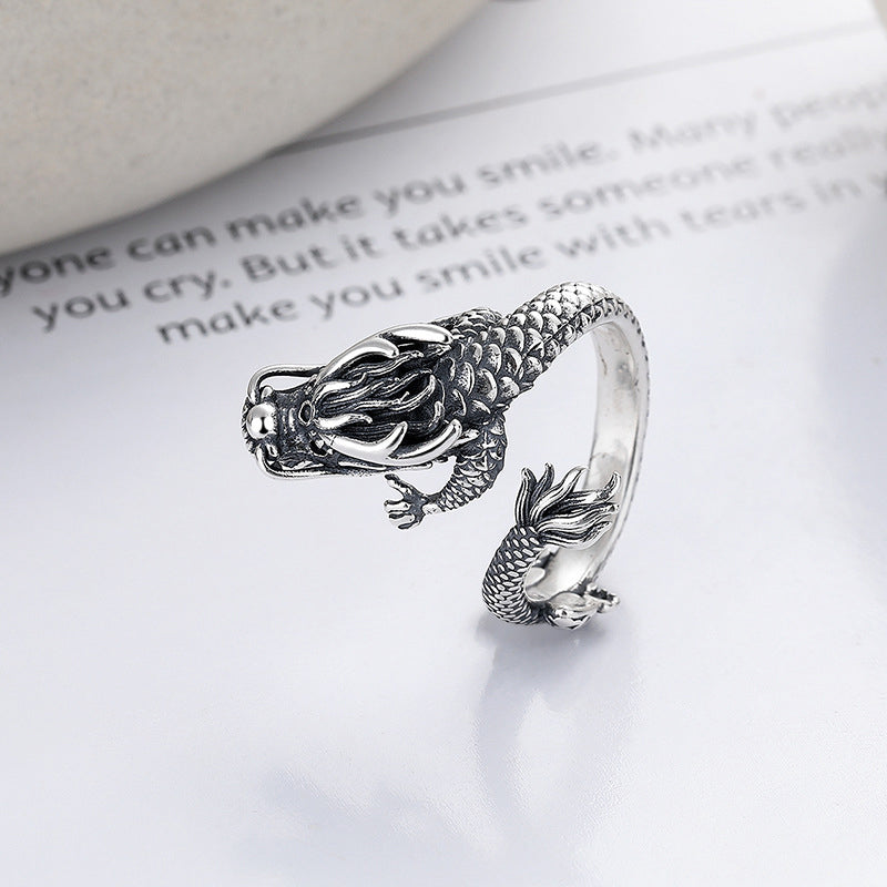 Stone of buddha Vintage 925 Sterling Silver Year Of The Dragon Design Luck Metal Ring