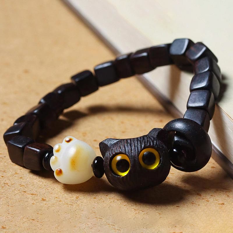 Stone of buddha Ebony Wood Cute Cat Bodhi Seed Paw Claw Square Beads Calm Bracelet
