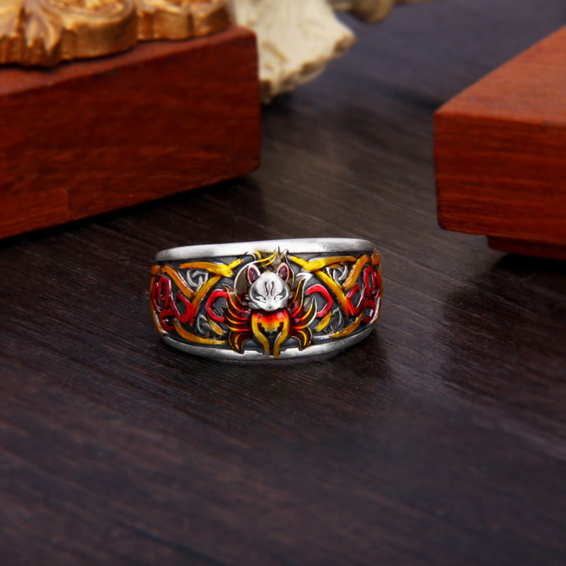 Stone of buddha 999 Sterling Silver Nine Tailed Fox Success Protection Ring