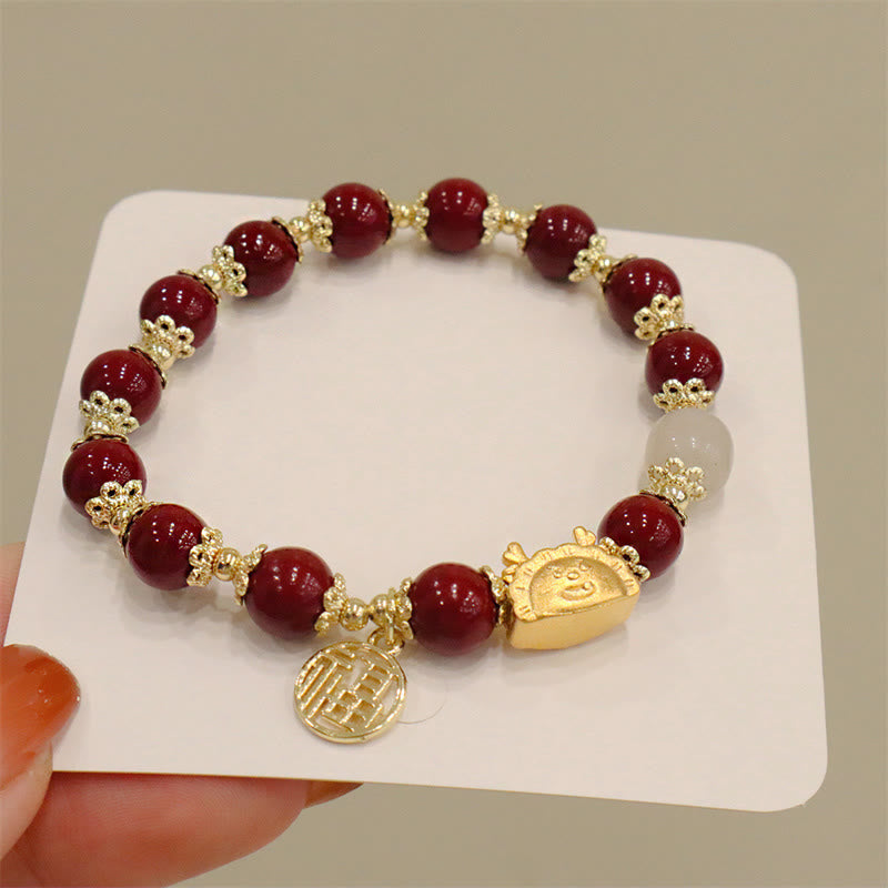 Stone of buddha Year Of The Dragon Red Agate Strawberry Quartz Black Obsidian Jade Garnet Pearl Cinnabar Dumpling Dragon Luck Fu Character Bracelet