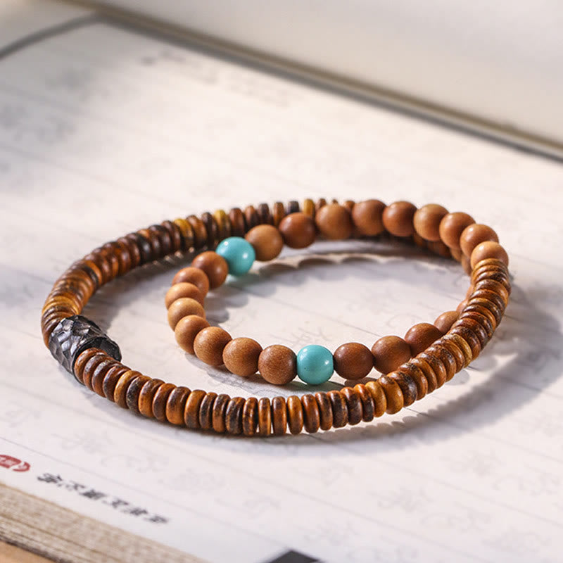 Stone of buddha Sandalwood Small Leaf Red Sandalwood Thuja Sutchuenensis Boxwood Turquoise Protection Double Wrap Bracelet