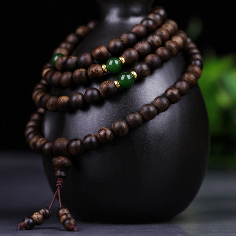 Stone of buddha 108 Mala Beads Indonesia Tarakan Rare Agarwood Cyan Jade Ward Off Evil Spirits Bracelet