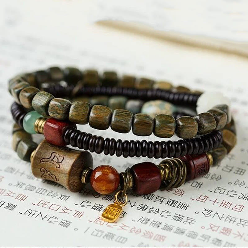 Stone of buddha Green Sandalwood Ebony Om Mani Padme Hum Engraved Peace Triple Wrap Bracelet