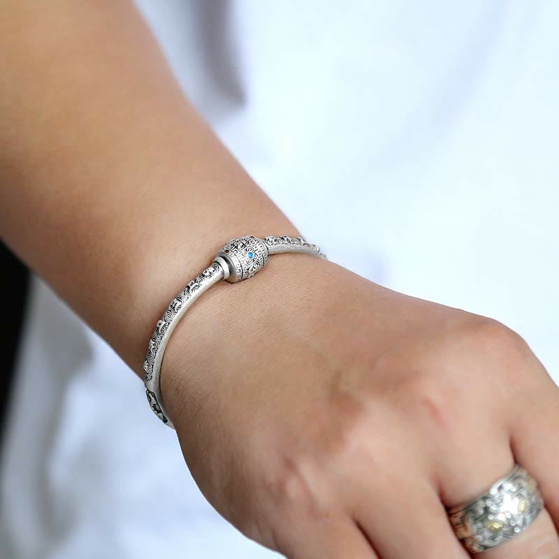 Stone of buddha 990 Sterling Silver Tibetan Auspicious Clouds Om Mani Padme Hum Engraved Creativity Bracelet Bangle