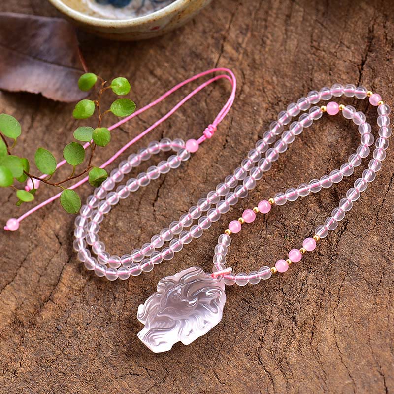 Stone of buddha Natural Pink Crystal Nine Tailed Fox Love Necklace Pendant