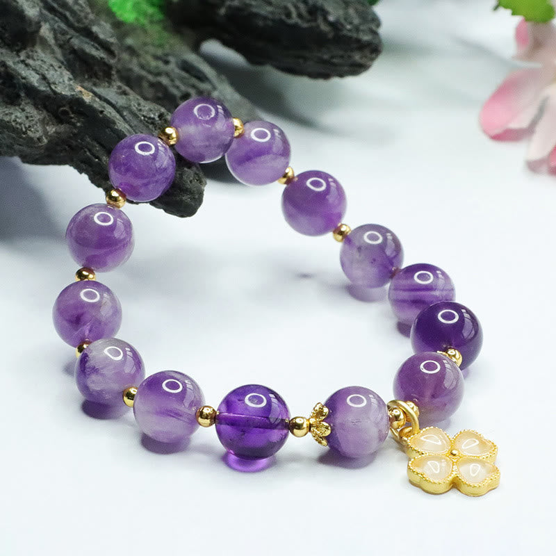 Stone of buddha Natural Amethyst Crystal Inner Peace Four Leaf Clover Charm Bracelet