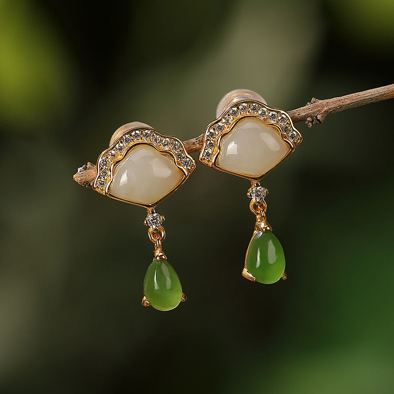 Stone of buddha White Jade Cyan Jade Fan Water Drop Pattern Luck Drop Earrings