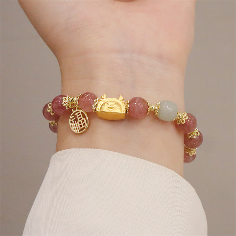 Stone of buddha Year Of The Dragon Red Agate Strawberry Quartz Black Obsidian Jade Garnet Pearl Cinnabar Dumpling Dragon Luck Fu Character Bracelet