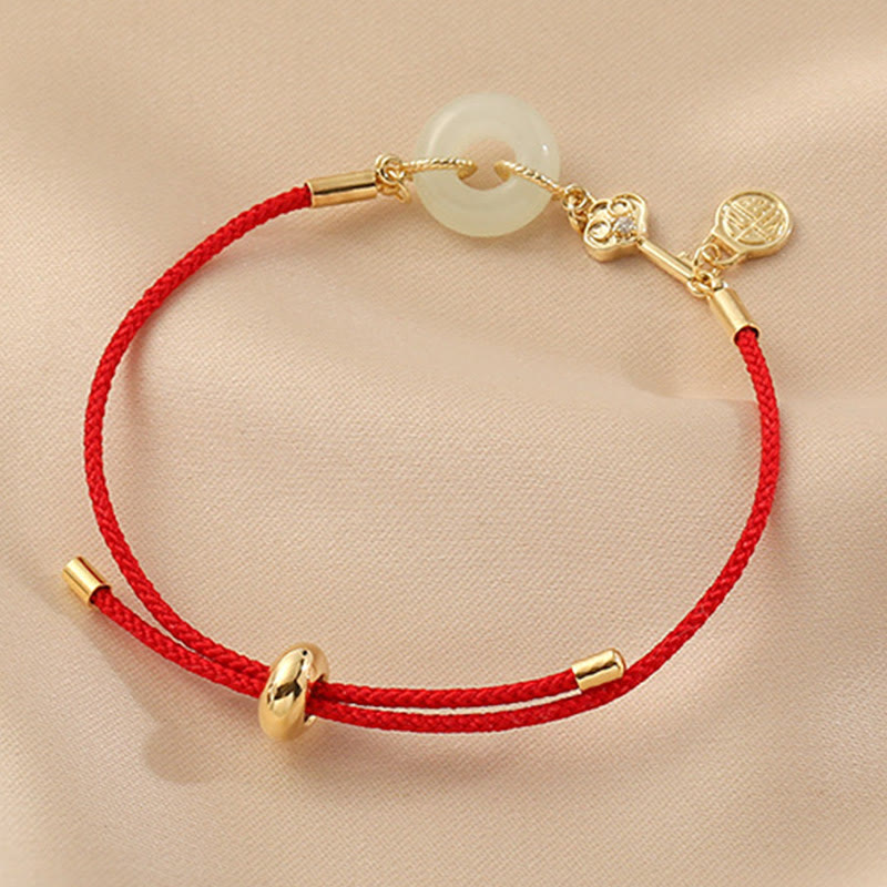 Stone of buddha 18K Gold Plated Hetian Jade Peace Buckle Fu Character Luck Red Rope Bracelet