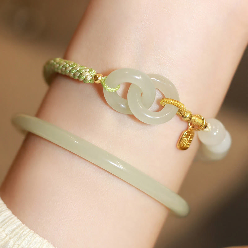Stone of buddha Natural Hetian Jade Bead Double Peace Buckle Fu Character Abundance Braided Bracelet