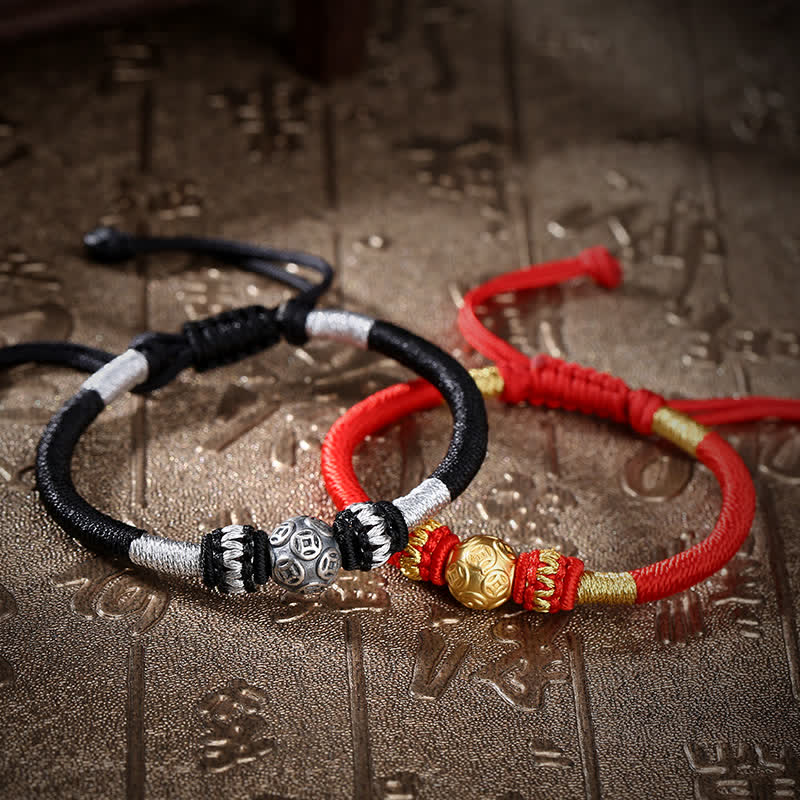 Stone of buddha 999 Sterling Silver Round Copper Coin Protection Luck Beaded String Bracelet
