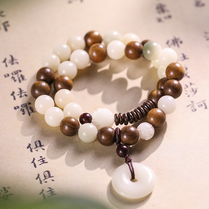 Stone of buddha Bodhi Seed Green Sandalwood Lotus Peace Buckle Harmony Double Wrap Bracelet