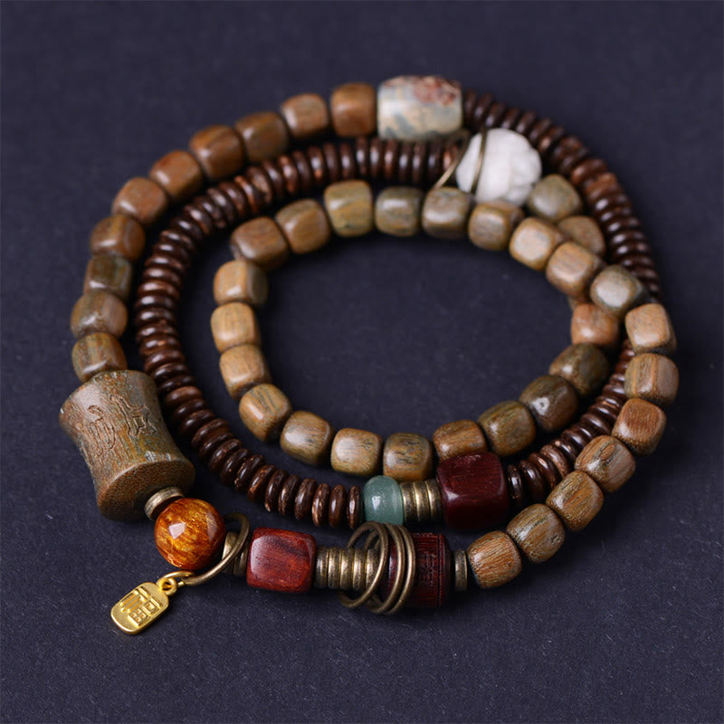Stone of buddha Green Sandalwood Ebony Om Mani Padme Hum Engraved Peace Triple Wrap Bracelet