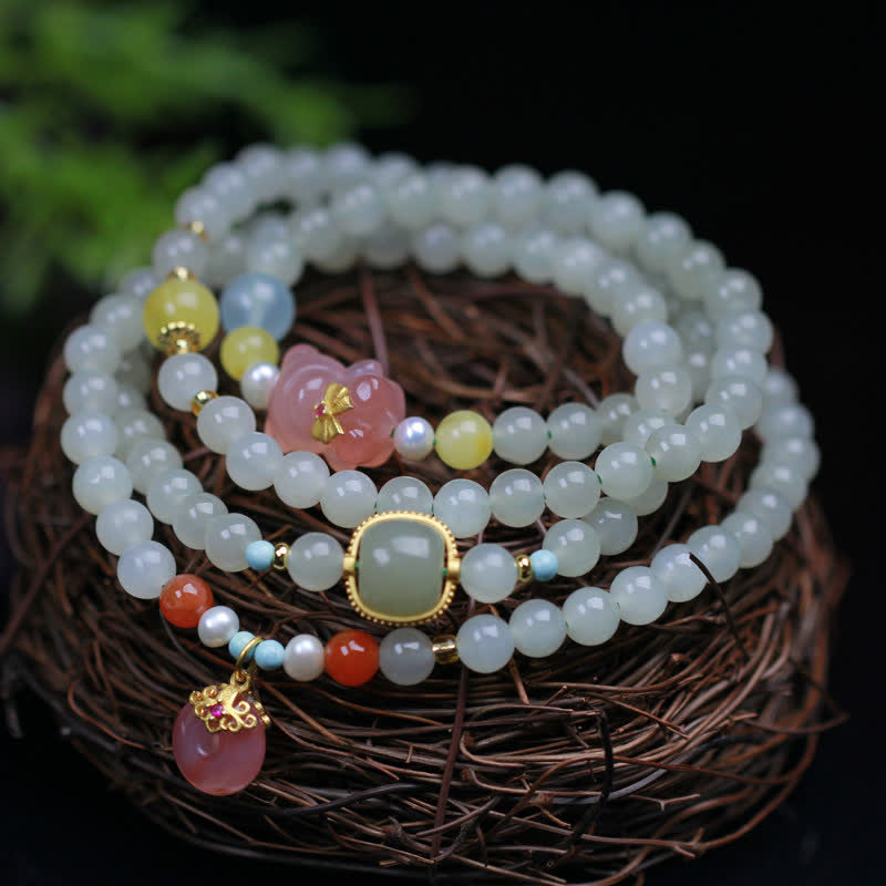 Stone of buddha Natural Hetian Jade Pink Crystal Peace Buckle Happiness Abundance Bracelet