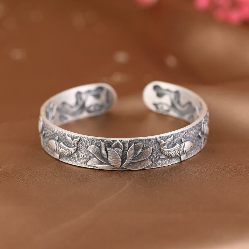Stone of buddha 999 Sterling Silver Luck Koi Fish Lotus Wealth Bracelet Bangle