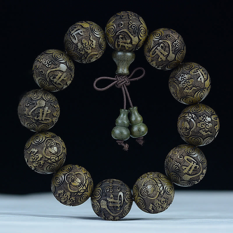 Stone of buddha Chinese Zodiac Rosewood Ebony Boxwood Copper Coin PiXiu Carved Warmth Bracelet