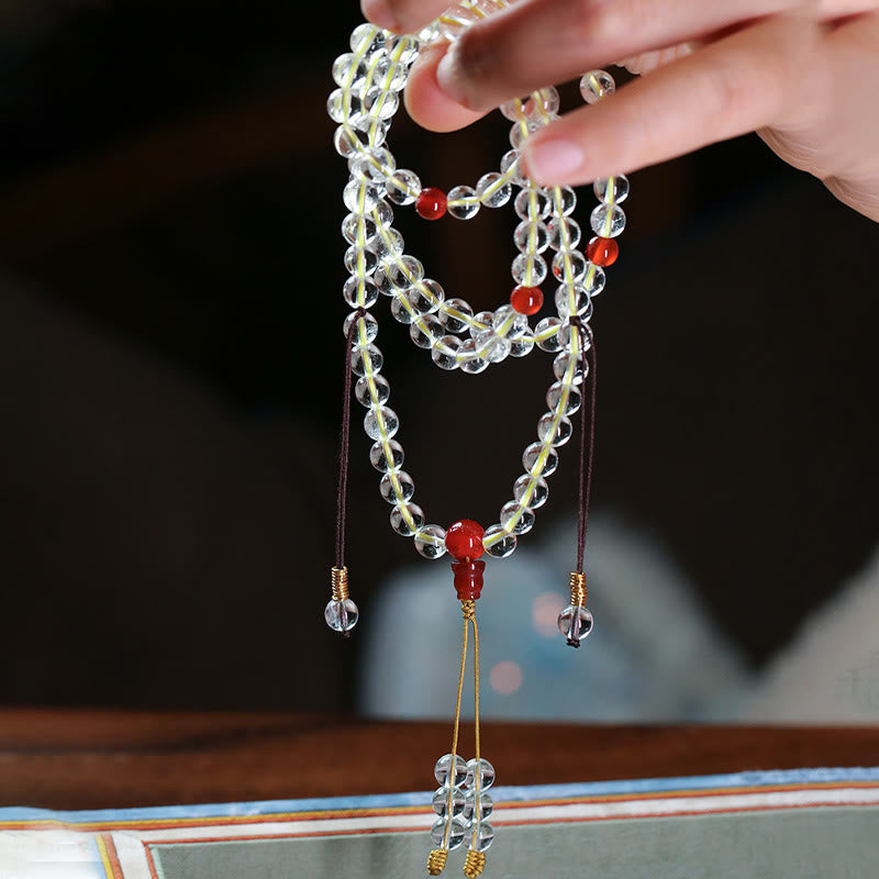 Stone of buddha 108 Mala Beads 925 Sterling Silver Natural White Agate Red Agate Quadruple Wrap Protection Bracelet