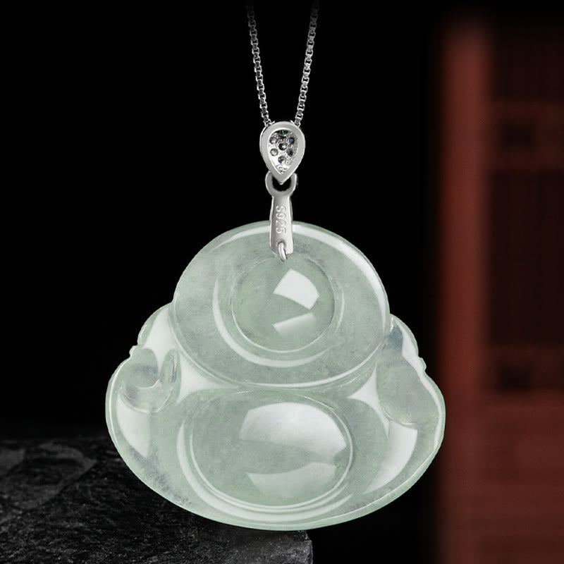 Stone of buddha 925 Sterling Silver Natural Jade Laughing Buddha Prosperity Abundance Chain Necklace Pendant