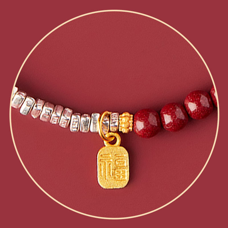 Stone of buddha 925 Sterling Silver Cinnabar Fu Character Blessing Bracelet