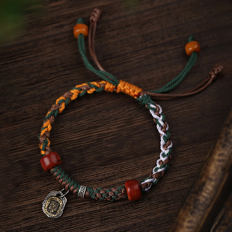 Stone of buddha Handmade Tibetan Silver 925 Sterling Silver Zakiram Goddess of Wealth Camel Bone Protection Braided Bracelet