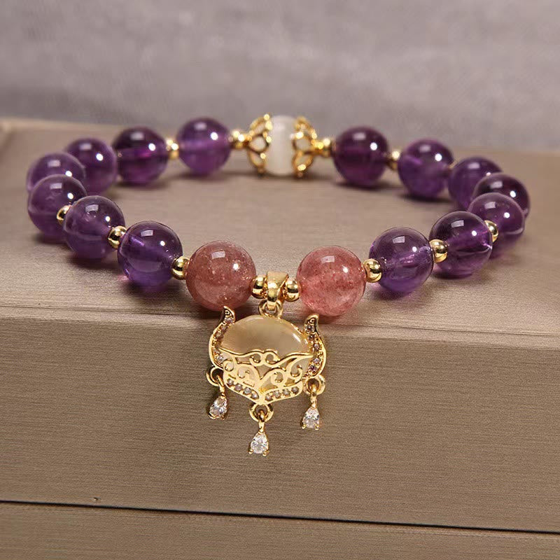 Stone of buddha Natural Amethyst Strawberry Quartz Cat Eye Chinese Lock Charm Healing Bracelet