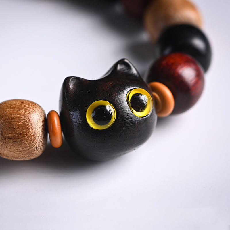 Stone of buddha Small Leaf Red Sandalwood Ebony Wood Cute Cat Engraved Protection Bracelet