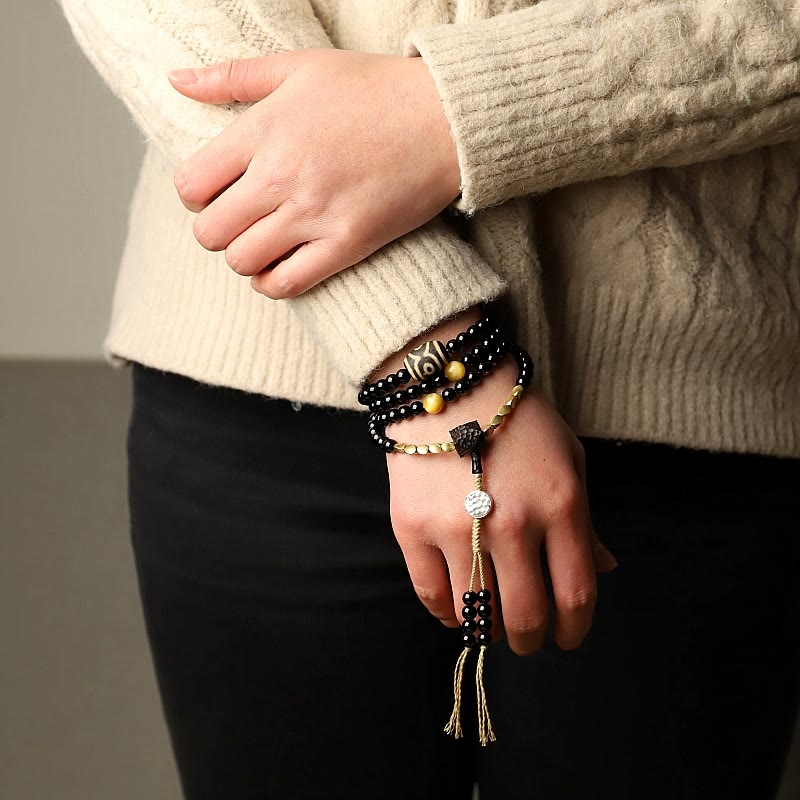 Stone of buddha Tibetan 108 Mala Beads Black Onyx Three-eyed Dzi Beads Protection Bracelet