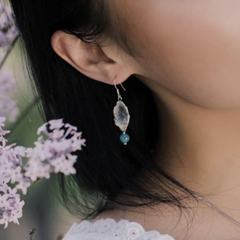 Stone of buddha 925 Sterling Silver Turquoise Lotus Leaf Protection Drop Dangle Earrings