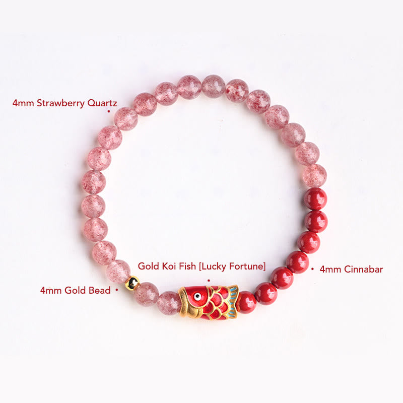 Stone of buddha Natural Strawberry Quartz Cinnabar Lucky Koi Fish Healing Bracelet