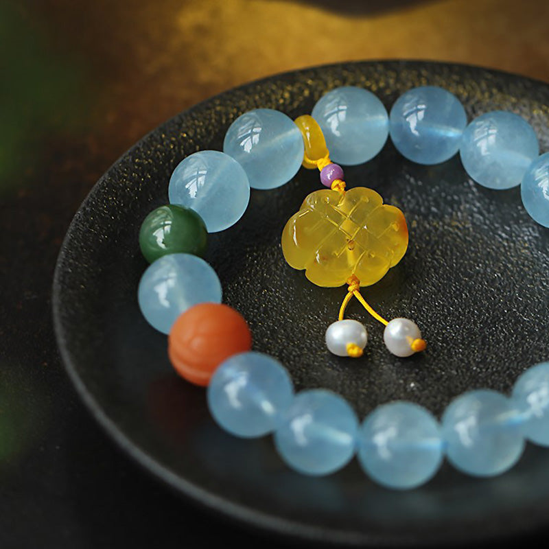 Stone of buddha Natural Aquamarine Amber Chinese Knotting Charm Peace Bracelet