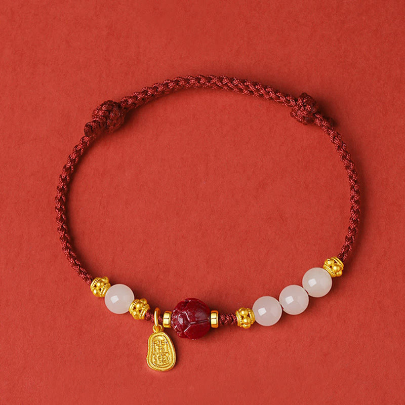 Stone of buddha 24K Gold Plated Hetian White Jade Cinnabar Lotus Luck Rope Bracelet