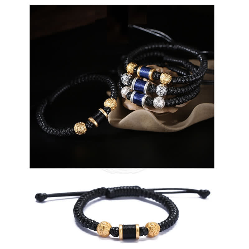 Stone of buddha 999 Sterling Silver Copper Coin Bead Copper Balance Braided String Bracelet