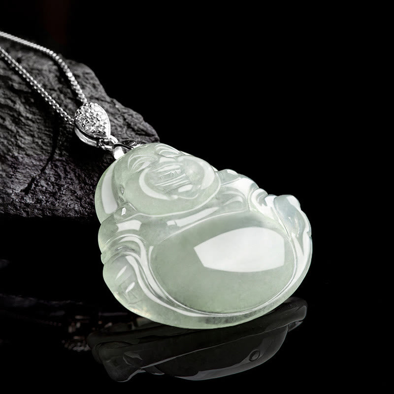Stone of buddha 925 Sterling Silver Natural Jade Laughing Buddha Prosperity Abundance Chain Necklace Pendant