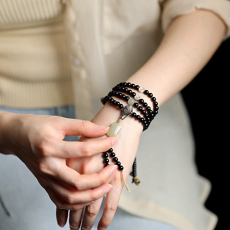Stone of buddha Tibetan Black Onyx Hetian Jade 108 Mala Beads Fortune Bracelet